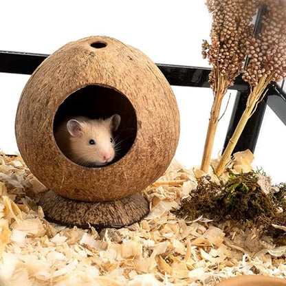 Hamster Hideout Wooden House Coconut Hut Hamster House Bed for Dwarf Gerbil Mouse Mice Rat Small Animals Reptiles