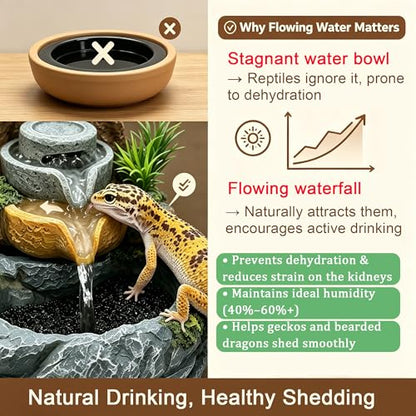 PurifyLogix 3in1 Reptile 550ML Waterfall Fountain with Food Dish & Hideout | Adjustable Flow Drinking Fountain for Bearded Dragon, Water Dispenser, Gecko, Lizard, Chameleon, Natural Resin