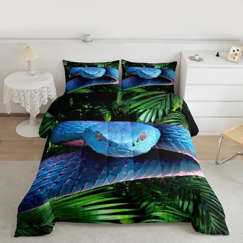 Erosebridal Snake Comforter Set Queen, Blue Snake Duvet Set, 3D Reptile Bedding Comforters, Blue Scales Quilt Set, Palm Leaf Wild Animal Stylish Quilted Duvet for Kids Boys Teens Man Bedroom Decor - color: Multi 74, size: Queen