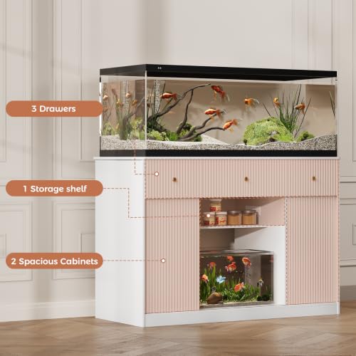 Garvee 55-75 Gallon Fish Tank Stand, Aquarium Stand with Power Outlet, Fish Tank Stand with Storage Cabinets, Drawers, LED Light, Sliding Barn Door Fish & Reptile Tanks Stand for 2 Tanks | Fish Tank Stand with Storage Cabinets, Drawers, LED Light, Sliding
