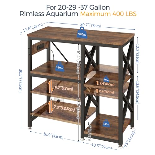 METYERRY 20-29-37 Gallon Fish Tank Stand with Power Outlet,Adjustable Shelf | 3 Tier Storage,400 LBS Heavy Duty Steel Frame, Fits Fish Reptile and Turtle Tanks, Stable Home Aquarium Setup - color: Rustic Brown, size: 20-29-37gallon