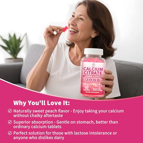 (3 Pack) Calcium Citrate Gummies 1200 mg for Adults, High Absorption Calcium Supplement for Women & Men, Sugar Free, Non-GMO, Gluten Free, Supports Muscle & Immune - Natural Peach Flavor - size: 60 Count (Pack of 3)