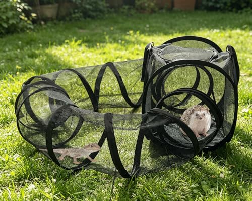 Small Animal Playpen with Surround Tunnel, Portable Foldable Outdoor Guinea Pigs Playpen with Carrying Handle, Breathable Mesh Playpen for Kitten, Hedgehog, Snake, Rabbit, Lizard, Small Pets