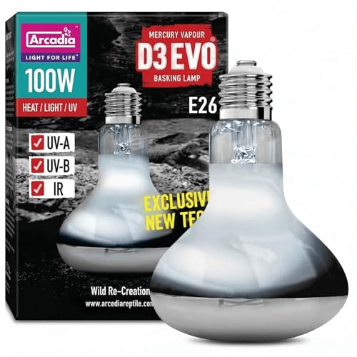 Arcadia D3 EVO UVB Basking Lamp 100W – Mercury Vapor Reptile Heat Lamp Bulbs for Bearded Dragons, Tortoises, Snakes and Turtle Tanks, UVA UVB Infrared Long Lasting Easy to Use Heat Bulb for Reptiles