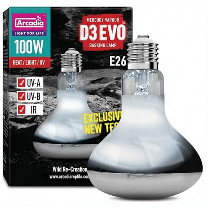 Arcadia D3 EVO UVB Basking Lamp 100W – Mercury Vapor Reptile Heat Lamp Bulbs for Bearded Dragons, Tortoises, Snakes and Turtle Tanks, UVA UVB Infrared Long Lasting Easy to Use Heat Bulb for Reptiles