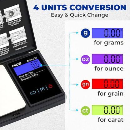 American Weigh Scales 220g x 0.01g Digital Pocket Weight Scale | Precision Digital Scale LCD Screen Accurately Measures Jewelry Gemstone Coins, Small Pocket Food Scale, Electronic Medicine Lab Scale - color: Black, size: 220g x 0.01g