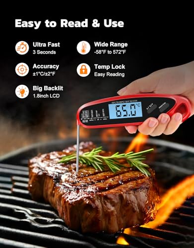 Instant Read Meat Thermometer Digital with Dual Probe | Large Backlit, Calibration, Food Thermometer for Cooking, Grilling, Smoker, BBQ, Candy, Oil Fry, Kitchen, Gifts for Men - color: Red