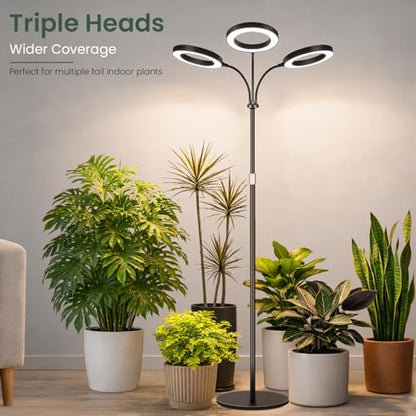 LBW 3-Head Grow Light with Stand for Indoor Plants, Full Spectrum Grow Light for Tall Large Plants, Adjustable Height up to 68", Auto Cycle Timer 6/8/12/16H, 5-Level Dimming, 3 Lighting Modes, Black - size: 3 Head 6.3" Black