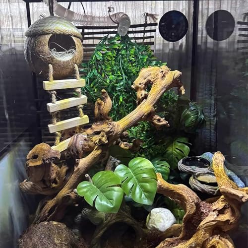 Leopard Gecko Coconut Hut with Ladder,Grested Gecko Coco Den Lizards Hanging Coconut Shell Hideout Cave Reptiles Tank Accessories Climbing Hanging Plants Jungle Vine Flexible Leaves Decor - style: 【Style D】