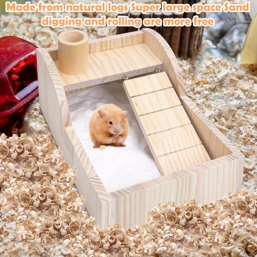 PINVNBY Hamster Sand Bath Box Wooden Small Animals Shower Room & Digging Sand Bath Container with Bowl for Dwarf Syrian Mice Mouse Gerbil and Other Small Animals