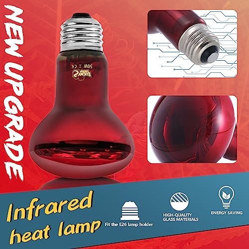 LUCKY HERP Infrared Heat Lamp 50W 2 Pack，Reptile & Amphibian Basking Spot Light Bulbs, Red Heat Lamp Bulbs for Reptiles, Bearded Dragon, Turtle, Lizard, Snake, Chicken - size: 50