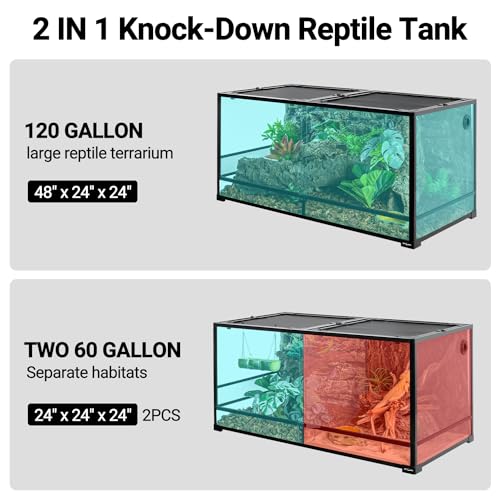 REPTIZOO 120 Gallon Large Reptile Terrarium Tank, 48" x 24" x 24" Front Opening Terrarium Glass Reptile Tank with Screen Ventilation, Supporting Used as 2 Separate Habitats Easy Assembly