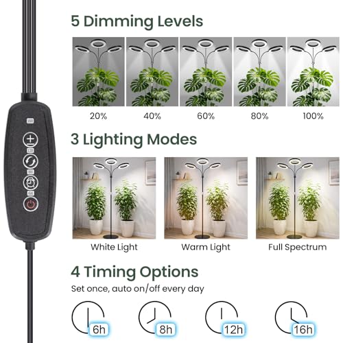 LBW 3-Head Grow Light with Stand for Indoor Plants, Full Spectrum Grow Light for Tall Large Plants, Adjustable Height up to 68", Auto Cycle Timer 6/8/12/16H, 5-Level Dimming, 3 Lighting Modes, Black - size: 3 Head 6.3" Black