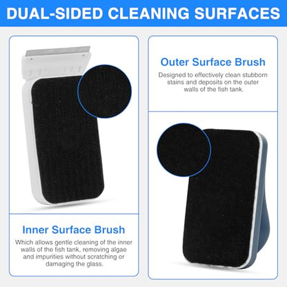fishkeeper Aquarium Strong Magnetic Glass Cleaner Brush, Fish Tank Algae Magnet Cleaning Tool with 2 Detachable Scrapers, Mag Float Scrubber for 0.2 Inch Glass and Acrylic Tanks | Super Magnetic Fish Tank Cleaner Brush with 2 Scrapers, Self-floating Mag F