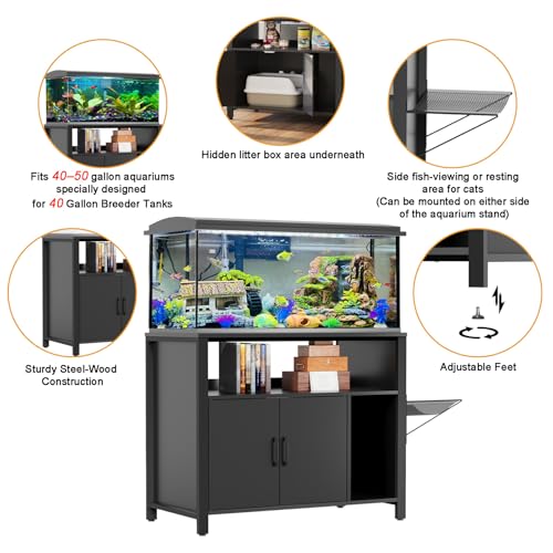 GDLF 40-50 Gallon Fish Tank Stand with Hidden Cat Litter Box Cabinet | Dual-purpose pet furniture combines aquarium support, hidden litter box storage, and a cat perch for a cleaner home setup
