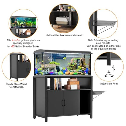 GDLF 40-50 Gallon Fish Tank Stand with Hidden Cat Litter Box Cabinet | Dual-purpose pet furniture combines aquarium support, hidden litter box storage, and a cat perch for a cleaner home setup