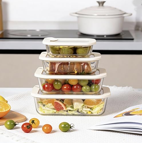 Glass Food Storage Containers with Glass Lids, Microwave Safe Food Container Set, Aitight Meal Prep Container Set, LeakProof, 100% Plastic Free, 4 Pack - color: ‎Ivory White -4p