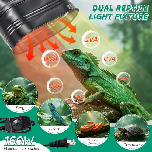 Dual Reptile Deep Dome Lamp Fixture with Independent Switches | Temperature Adjustment,Dual Deep Cap Combo,UVB & Basking Bulb Holder for Bearded Dragons,Turtles,Snakes & Lizards