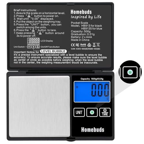 Homebuds 500g Digital Gram Scale High Precision in 0.01g with Level Bubble, Assured by Food Scale Professional Factory Since 2001, Pocket Scale for Lab, Kitchen, Coffee, Jewelry; 2*AAA, Black