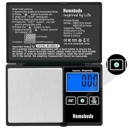 Homebuds 500g Digital Gram Scale High Precision in 0.01g with Level Bubble, Assured by Food Scale Professional Factory Since 2001, Pocket Scale for Lab, Kitchen, Coffee, Jewelry; 2*AAA, Black