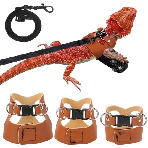 3 Pack Bearded Dragon Harness Set, Adjustable Bearded Dragon Leash with 3 Sizes Vests, 6.56ft Lead for Reptile Training Walking (Smooth Brown) - color: Smooth Brown