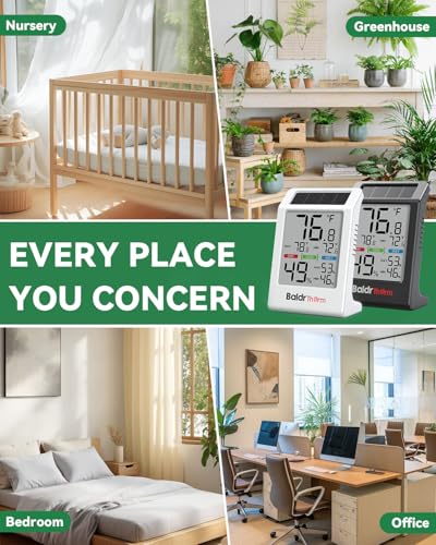 BALDR Room Thermometer Hygrometer 2026 Upgraded, Solar Powered Indoor Temperature and Humidity Monitor with Battery Backup, Improved LCD Display, Max/Min Records, Comfort Indicator, Black and White