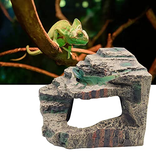 Turtle Basking Platform with Hiding Cave Reptile Dock Ramp Resin Aquarium | Tortoise Ramp Climbing Ornament 7.48×7.08 Inch for Fish Tank Terrarium, for Lizards Frogs Snakes Chameleon Gecko