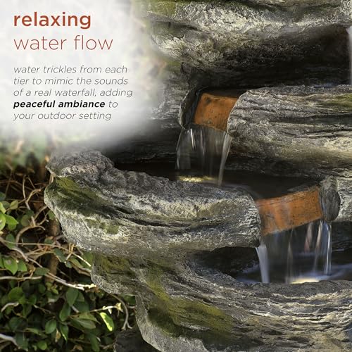 Alpine Corporation WIN1146 Outdoor Floor Cascading 8 Tiered Rock Garden Water Fountain with LED Lights, 58", Gray - style: 58" H - 8-Tier Warm White LEDs