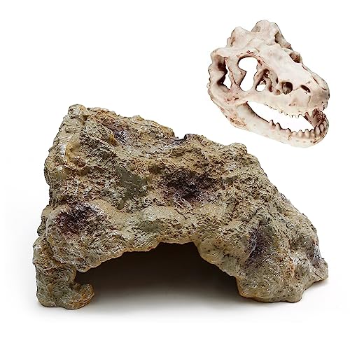 Anxingo Reptile Rock Reptile Cave Hideout for Snakes/Geckos/Lizards/Turtles and Other Amphibians, with Dinosaur Skull (Small) - size: S