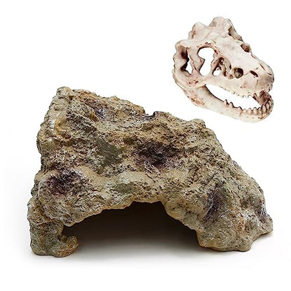 Anxingo Reptile Rock Reptile Cave Hideout for Snakes/Geckos/Lizards/Turtles and Other Amphibians, with Dinosaur Skull (Small) - size: S