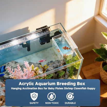 Hatchery Incubator Tank for Fish & Corals, Drip Acclimation Container | Hanging Acclimation Breeding Box for Saltwater & Freshwater Aquariums, for Small Fish Shrimp Turtles & Betta, Aquarium Decor