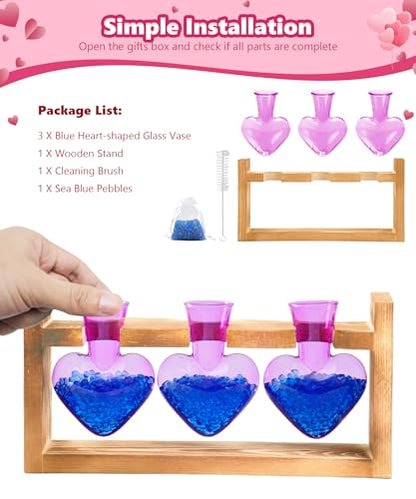 Nacome Plant Terrarium with Wooden Stand, 3 Heart Bulb Glass Vases | Wooden Stand Tabletop for Air Planter, Gifts for Mom Plant Lovers Mom Women Wife Grandma - color: Purple