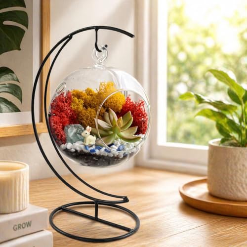 Creations by Nathalie - 5" Glass Globe Succulent Terrarium Kit, Hanging DIY Starter Kit for Kids and Adult, Metal Stand, Reindeer Moss, Crystal & Rocks, Tools, Figurine (Live Plant Included) - color: Globe Glass
