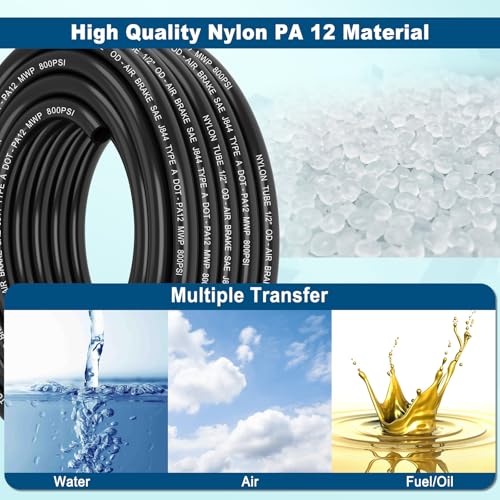 1/2" DOT Air Line, 50FT SAE J844 PA12 Nylon Air Tubing with Cutter | 1/2" DOT-Approved Brake Line, Flexible PA12 Nylon Tubing for Air Suspension Kit, Truck Trailer Brake System & Fluid Transfer - size: 1/2" OD 50FT