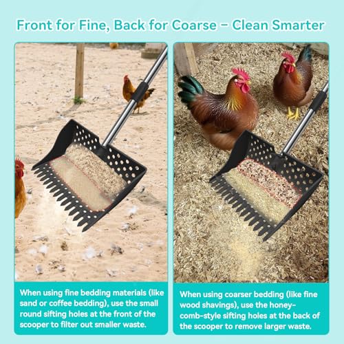 12" 2-in-1 Chicken Poop Scooper & Rake (US Patent No. D1124534), 3-Shape Sifting Holes Chicken Coop Rake, Stainless Steel Handle (20–61") - Litter Scoop Sand & Sifting Shovel (Black) - color: Black
