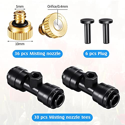 Ripeng 72 Pcs Brass Misting Nozzles Tees Plugs, 1/4 Inch Outdoor Mister | 30 Misting Nozzle Tees, 36 Brass Nozzles And 6 Black End Plugs For DIY Outdoor Patio Garden Backyard Cooling Spray System