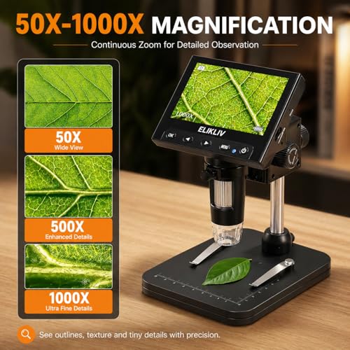 Elikliv Coin Microscope, 4.3'' LCD Digital Microscope 1000x, Coin Magnifier with 8 Adjustable LED Lights, PC View Compatible with Windows/Mac, EDM4B, Black - color: Black