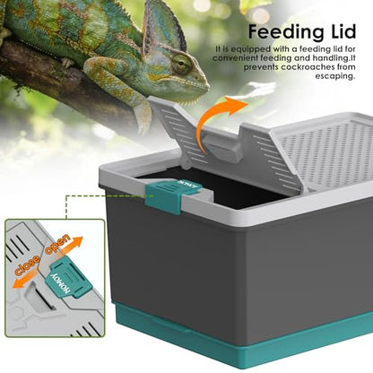 Self-Cleaning Reptile Feeder Insect Habitat with Escape-Proof Lid, Removable Climbing Frame, Water Sponge & Bug Spoon – Cricket/Roach Enclosure, Easy-Clean, Ventilated for Lizards, Frogs & Pets