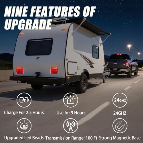 Wireless Trailer Lights, Magnetic Tow Light Kit w/USB-C | 30s Setup | Rechargeable 5-in-1 LED | 100FT Signal | IP65 Waterproof for Trucks, RVs & Boat Trailers