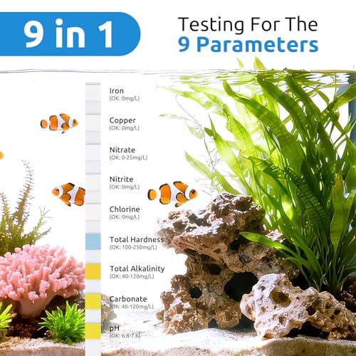 SEAOURA 9-in-1 Aquarium Test Strips 135ct Fresh Salt Water Fish Tank Pond | Tests pH Nitrate Nitrite Chlorine Detects GH KH Iron & Copper Levels Fast Read Accurate Water Results