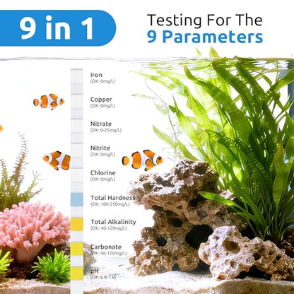 SEAOURA 9-in-1 Aquarium Test Strips 135ct Fresh Salt Water Fish Tank Pond | Tests pH Nitrate Nitrite Chlorine Detects GH KH Iron & Copper Levels Fast Read Accurate Water Results