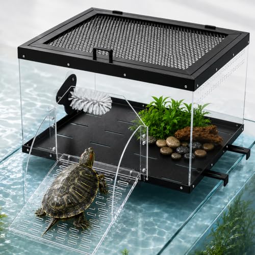 Extra Large Turtle Basking Platform for Aquatic Turtles with Turtle Brush | Stainless Steel Turtle Dock with Non-Slip Acrylic Ramp, Flip-Open Lid ,Escape-Proof, Fits 15-25" Wide Aquariums Tank