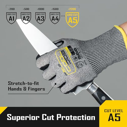 COOLJOB ANSI A5 Cut Resistant Gloves 12 Pairs, Nitrile Rubber Dipped Safety Work Gloves for Men, Knife Proof with Grip Coating for Construction Warehouse Glass Wood Work, Grey Xlarge - size: X-Large, style: A5 Pack of 12