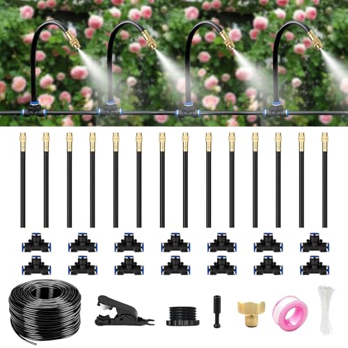 40FT Drip Irrigation System for Garden – Automatic Watering Kit with Solid Brass Metal Connectors, 360° Bendable Tubing & 14 Adjustable Nozzles for Greenhouse, Lawn, Yard & Plants - size: 40 FT