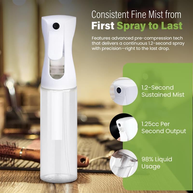 VIGOR PATH Continuous Mist Clear Spray Bottle 300ml Fine Mist for Hair | Ultra Fine Atomizer Leak Proof Ergonomic Construction 360 Refillable - size: 10 Ounces