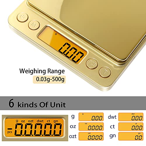 Fuzion Digital Scale .01 Gram Accuracy, 500g Small Kitchen Food Scales | 2 Trays Included for Jewelry, Gold, Herb, Powder, Spice, Coffee, Coin - Weight Gram and Oz - color: Gold