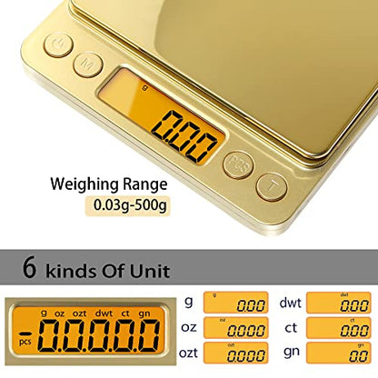 Fuzion Digital Scale .01 Gram Accuracy, 500g Small Kitchen Food Scales | 2 Trays Included for Jewelry, Gold, Herb, Powder, Spice, Coffee, Coin - Weight Gram and Oz - color: Gold