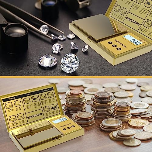WEIGHTMAN Digital Scale Gram, 200g/0.01g Pocket Scale Gold Titanium Plating | LCD Backlit Display, Mini Jewelry Scale with 6 Units, Auto Off, Tare Function for Food, Coins, Battery Included - color: Gold