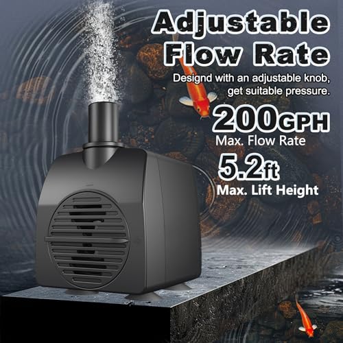 SongLong Submersible Pump 200GPH 5.2ft. High Lift for Fountains | with Over Heating Protection, Perfect for Hydroponics, Small Ponds, Aquariums, Fish Tank & More - size: 200GPH