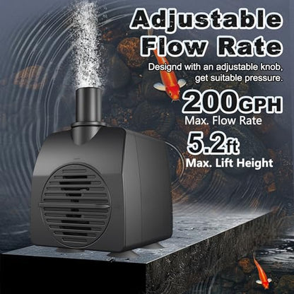 SongLong Submersible Pump 200GPH 5.2ft. High Lift for Fountains | with Over Heating Protection, Perfect for Hydroponics, Small Ponds, Aquariums, Fish Tank & More - size: 200GPH